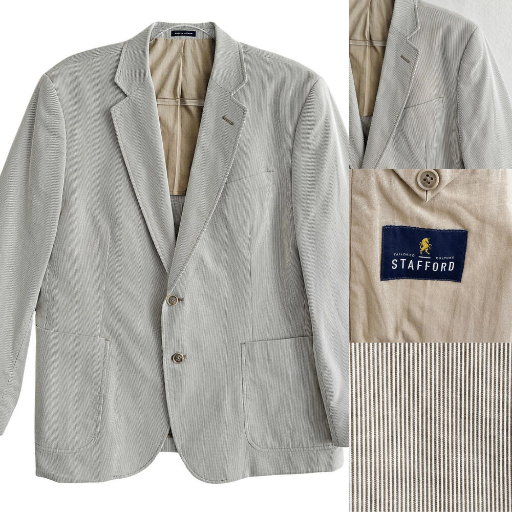 Stafford Beige Striped 100% Cotton Blazer Sport Coat L 42/44 Short Elbow Patches